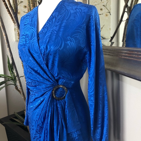 VTG 80s Lauren Alexandra Blue Silk Faux Wrap Dress - Picture 8 of 11